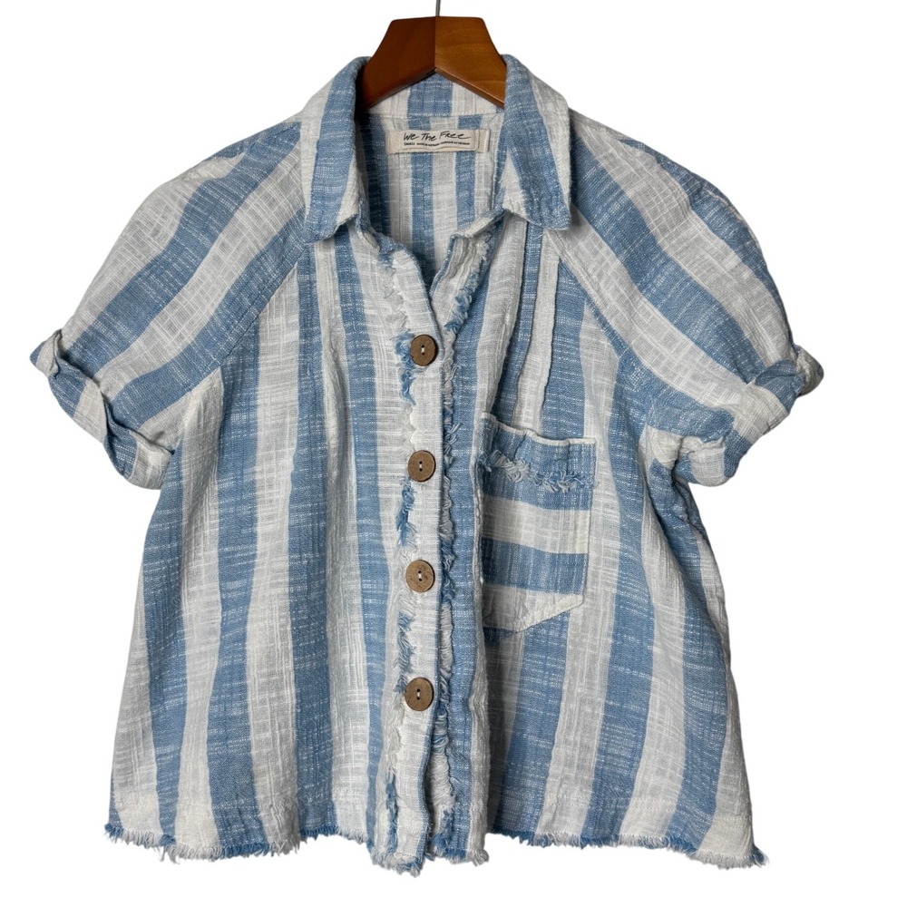 Free People Away At Sea Blue White Striped Linen Blend Cropped Top Womens Small